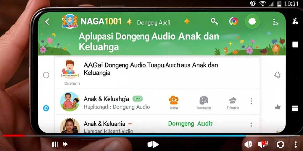 Antarmuka aplikasi NAGA1001 menampilkan pilihan dongeng audio yang menarik.